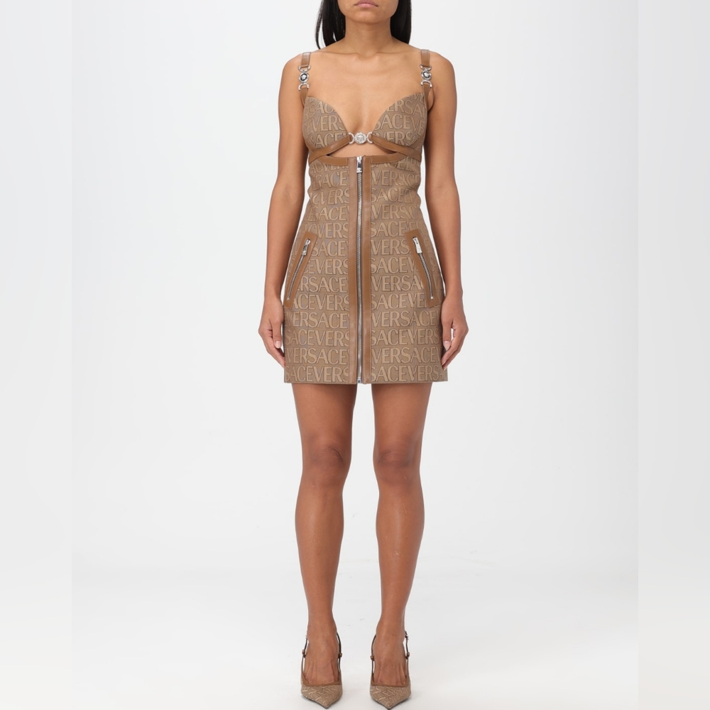 Versace All Over Logo Leather Trim Canvas Mini Dress - Sz 38